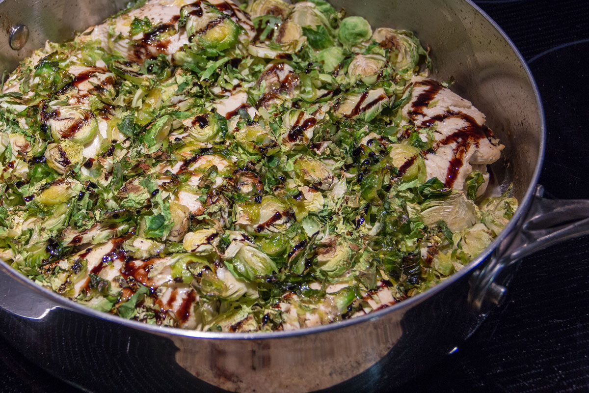 Lemon Chicken with Shaved Brussels Sprouts and Balsamic Glaze